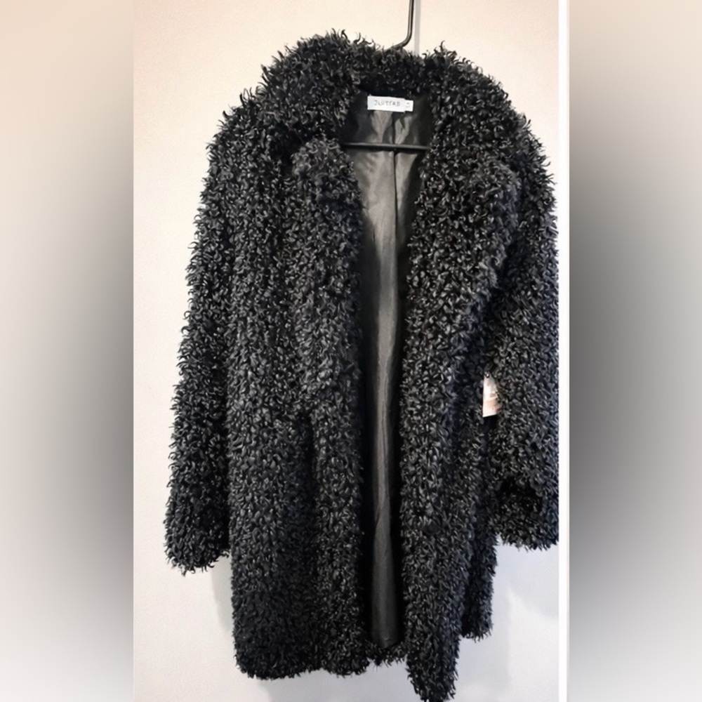 JustFab Black Teddy Faux Fur Open Front Coat | Medium | NWT